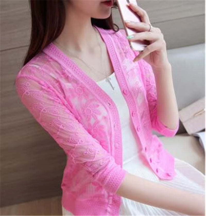 2022 Spring Summer Thin Cardigan Womens Knitted Cardigan Shirt Lace Crochet Sexy Sweater Short Coat Sunscreen Clothing Fashion