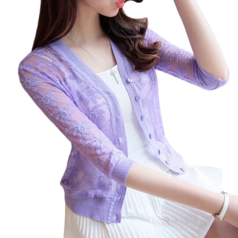 2022 Spring Summer Thin Cardigan Womens Knitted Cardigan Shirt Lace Crochet Sexy Sweater Short Coat Sunscreen Clothing Fashion