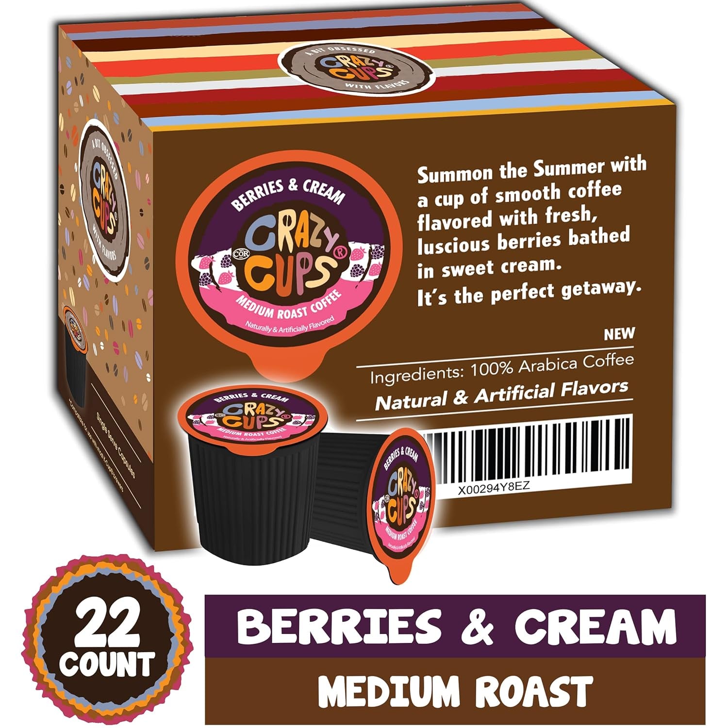 Flavored Coffee Pods, Berries & Cream, Single Serve Keurig K Cups Machines, Hot or Iced & Medium Roast Coffee in Recyclable Pods, 22 Count (Pack of 1)