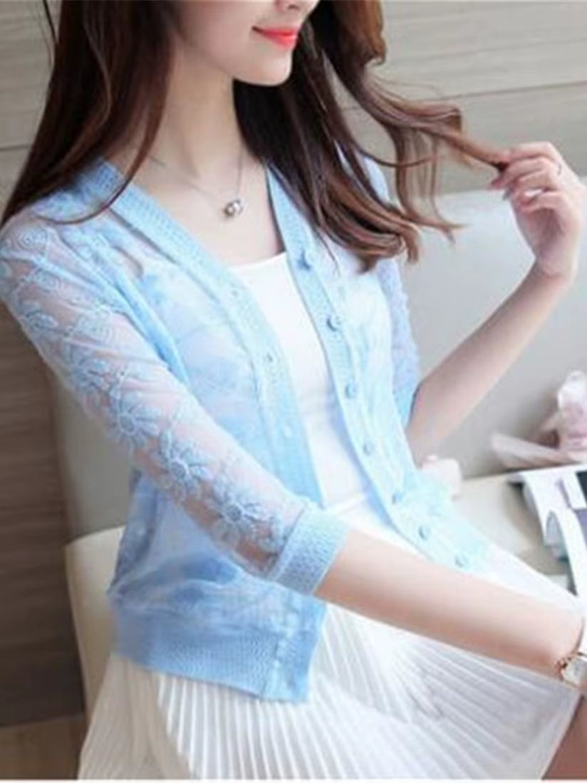 2022 Spring Summer Thin Cardigan Womens Knitted Cardigan Shirt Lace Crochet Sexy Sweater Short Coat Sunscreen Clothing Fashion