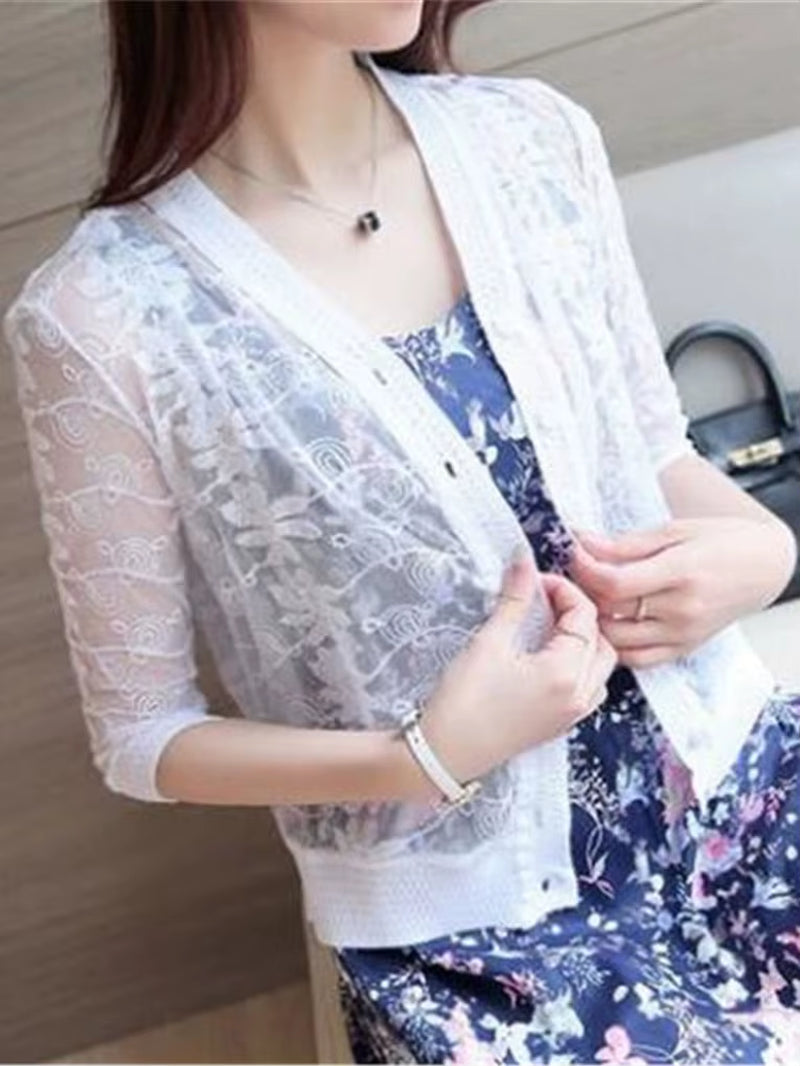 2022 Spring Summer Thin Cardigan Womens Knitted Cardigan Shirt Lace Crochet Sexy Sweater Short Coat Sunscreen Clothing Fashion
