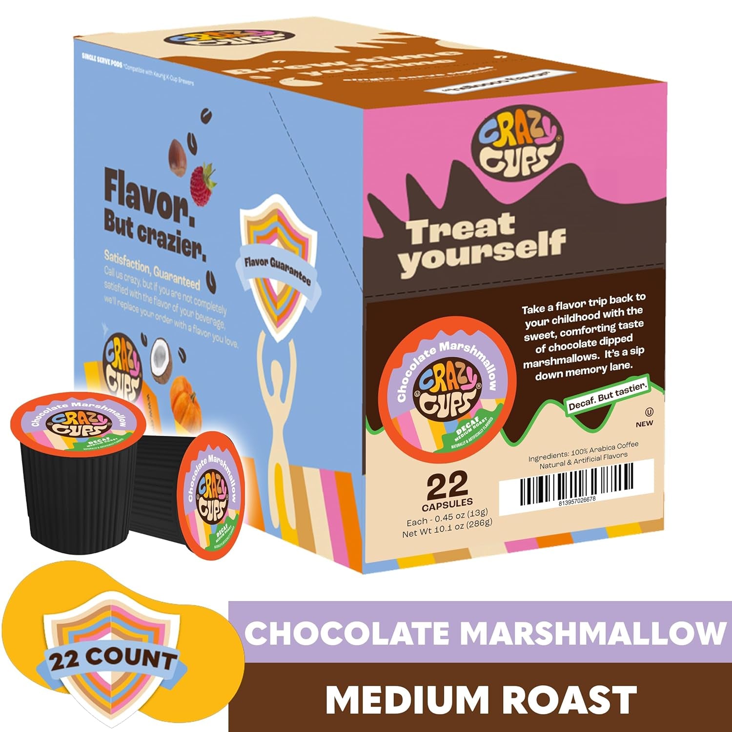 Decaf Marshmallow Coffee Pods, Decaffeinated Chocolate Marshmallows Flavored Coffee, Single Serve Hot or Iced Medium Roast Coffee for Keurig K Cups Machines, 22 Count