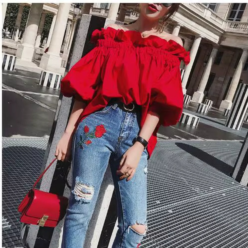 Off Shoulder Tops Women Summer 2025 Fashion Slash Neck Blouse Red Lantern Sleeve Loose Ruffle Blouses Womens Clothing AF95