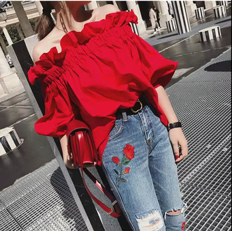 Off Shoulder Tops Women Summer 2025 Fashion Slash Neck Blouse Red Lantern Sleeve Loose Ruffle Blouses Womens Clothing AF95