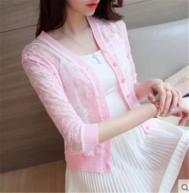2022 Spring Summer Thin Cardigan Womens Knitted Cardigan Shirt Lace Crochet Sexy Sweater Short Coat Sunscreen Clothing Fashion