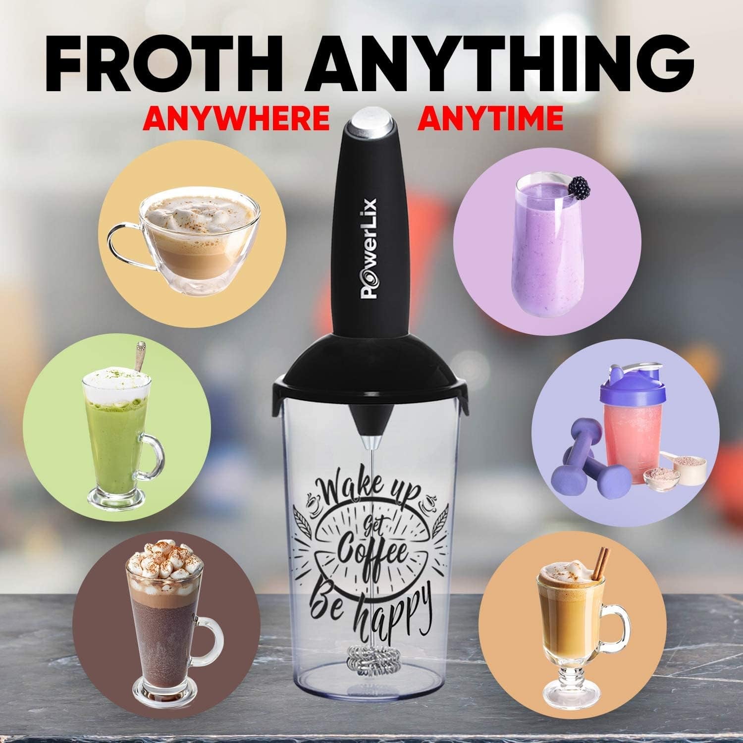 Milk Frother Handheld Battery Operated Electric Foam Maker for Coffee, Latte, Frappe, Matcha, Drink Mixer with Stainless Steel Double Whisk, Mini Hand Held Machine, Foamer Cup Included