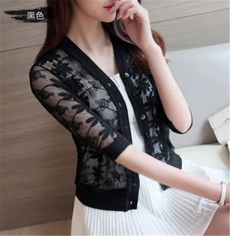 2022 Spring Summer Thin Cardigan Womens Knitted Cardigan Shirt Lace Crochet Sexy Sweater Short Coat Sunscreen Clothing Fashion