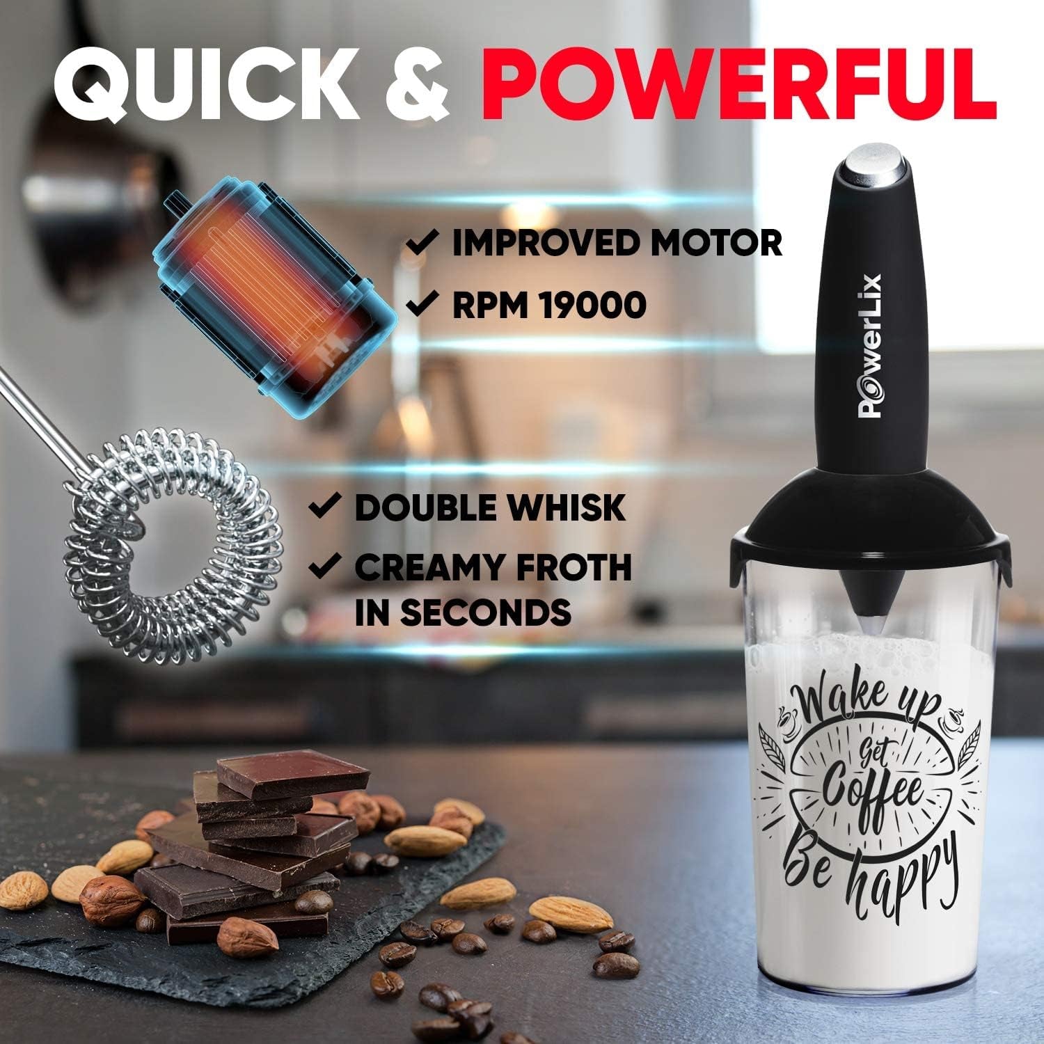 Milk Frother Handheld Battery Operated Electric Foam Maker for Coffee, Latte, Frappe, Matcha, Drink Mixer with Stainless Steel Double Whisk, Mini Hand Held Machine, Foamer Cup Included