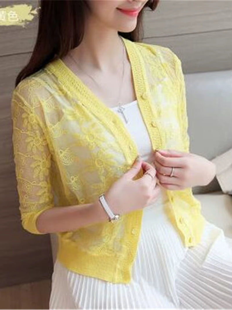2022 Spring Summer Thin Cardigan Womens Knitted Cardigan Shirt Lace Crochet Sexy Sweater Short Coat Sunscreen Clothing Fashion