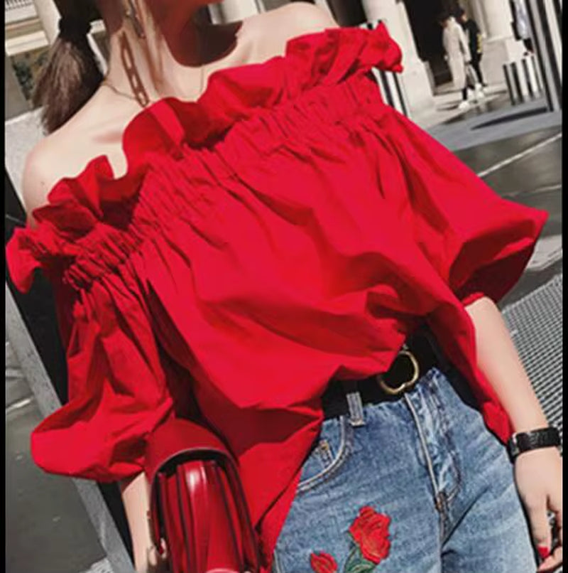 Off Shoulder Tops Women Summer 2025 Fashion Slash Neck Blouse Red Lantern Sleeve Loose Ruffle Blouses Womens Clothing AF95