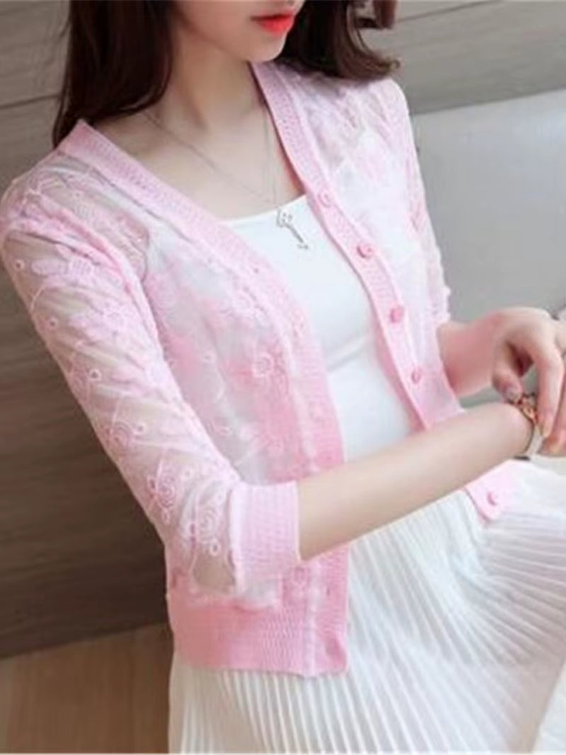 2022 Spring Summer Thin Cardigan Womens Knitted Cardigan Shirt Lace Crochet Sexy Sweater Short Coat Sunscreen Clothing Fashion