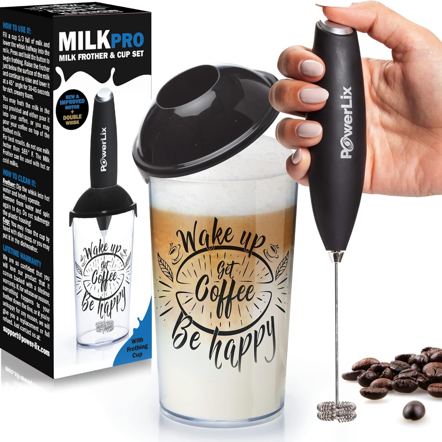 Milk Frother Handheld Battery Operated Electric Foam Maker for Coffee, Latte, Frappe, Matcha, Drink Mixer with Stainless Steel Double Whisk, Mini Hand Held Machine, Foamer Cup Included