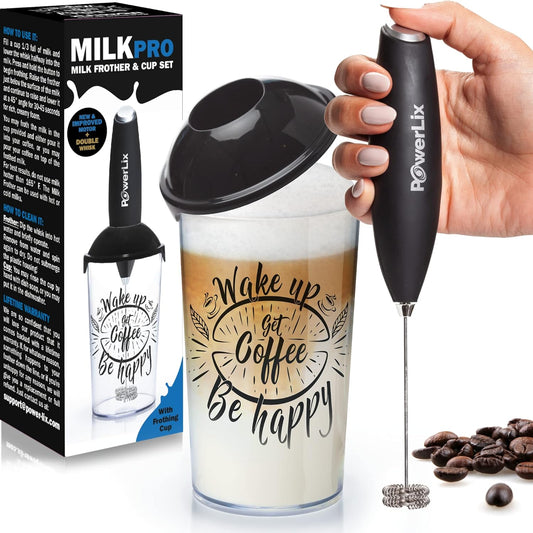 Milk Frother Handheld Battery Operated Electric Foam Maker for Coffee, Latte, Frappe, Matcha, Drink Mixer with Stainless Steel Double Whisk, Mini Hand Held Machine, Foamer Cup Included