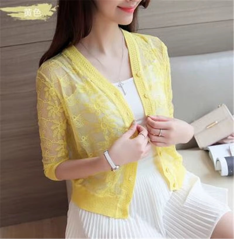 2022 Spring Summer Thin Cardigan Womens Knitted Cardigan Shirt Lace Crochet Sexy Sweater Short Coat Sunscreen Clothing Fashion