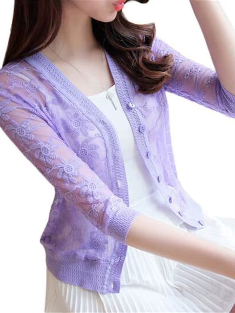 2022 Spring Summer Thin Cardigan Womens Knitted Cardigan Shirt Lace Crochet Sexy Sweater Short Coat Sunscreen Clothing Fashion