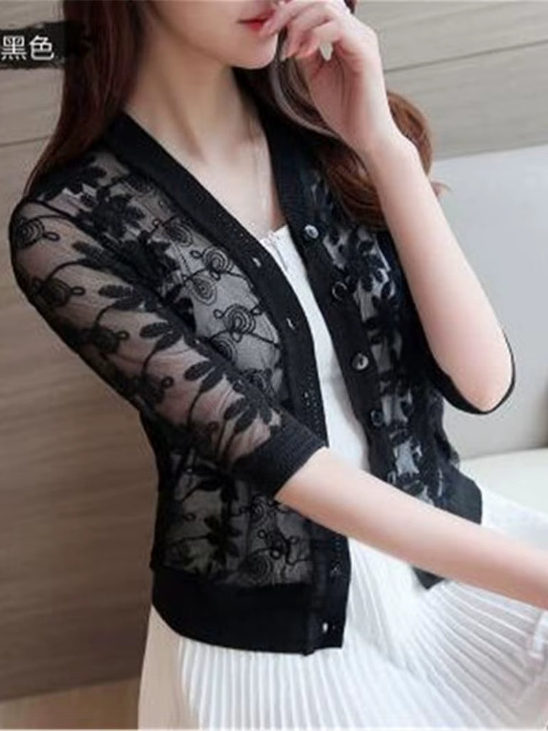 2022 Spring Summer Thin Cardigan Womens Knitted Cardigan Shirt Lace Crochet Sexy Sweater Short Coat Sunscreen Clothing Fashion