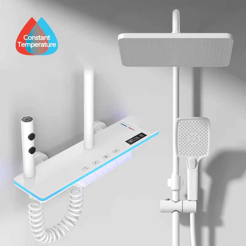 Bathroom Luxury Shower System with Lights Tempered Glass Piano Key Smart Digital Display Thermostat Mixer Shower Faucet Full Set